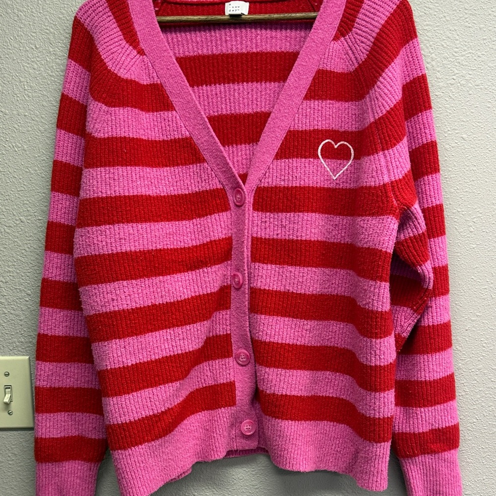 a new day Pink and Red Striped Cardigan